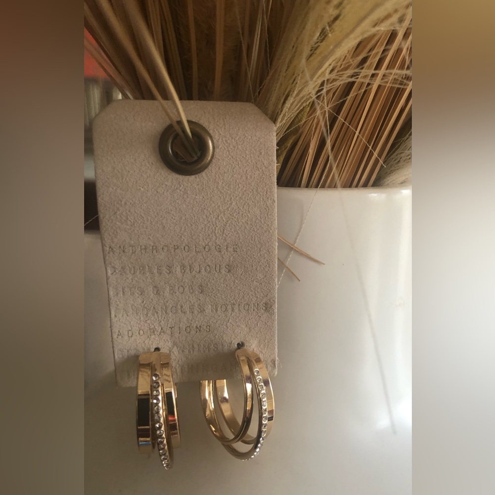 New Anthropologie Gold Hoop Earrings Faux diamond detailing